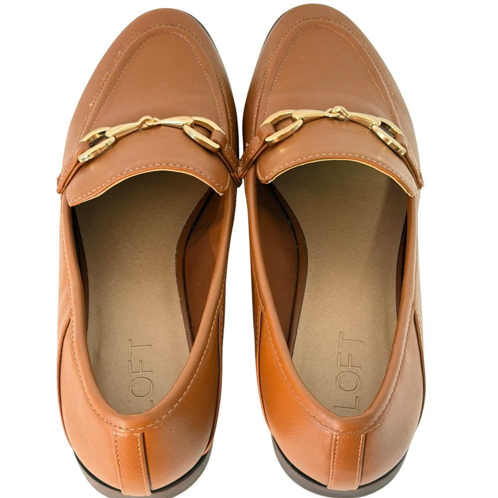 LOFT Sz 9 Gold Horse Bit Detail Loafers Slip-On Shoes Faux Leather Tan Neutral - Picture 5 of 8
